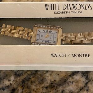 Elizabeth Taylor White Diamonds Gold Tone Watch (not working) Still in Box